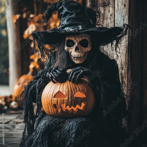 scary spooky halloween season, monster skull and crossbones halloween witch with pumpkin, halloween and October background photo