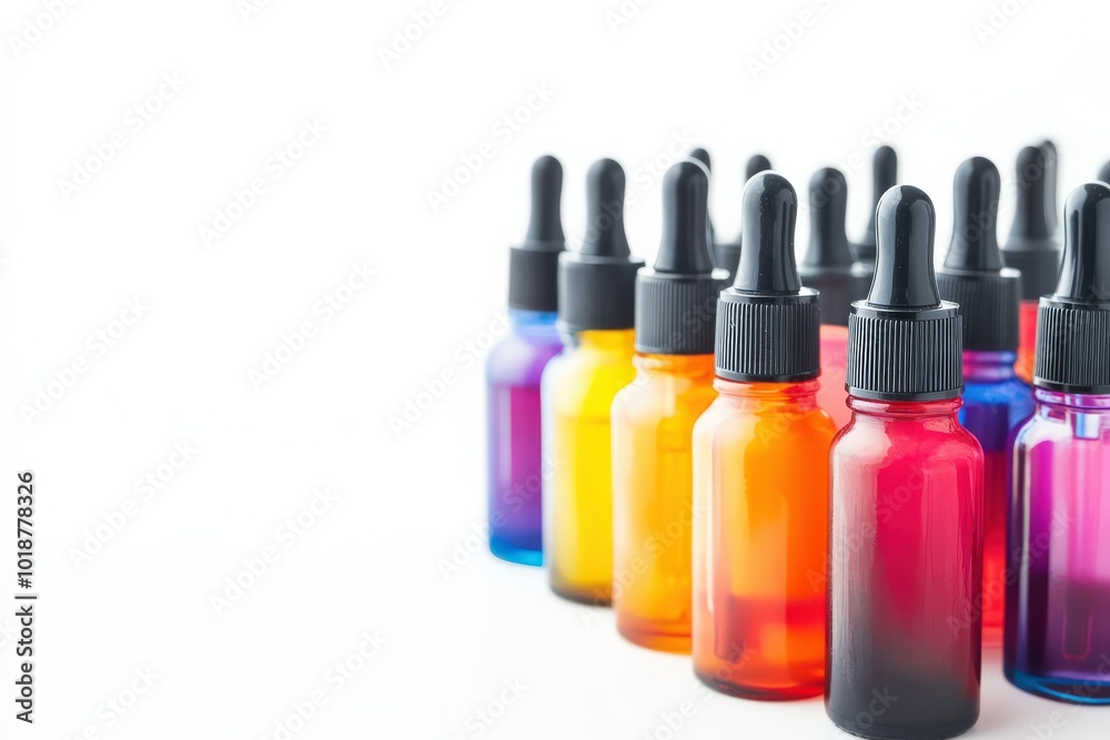 E Liquid Bottles with Electronic Cigarette for Vape Devices Isolated on White Background E Liquid Bottles with Electronic Cigarette for Vape Devices Isolated on White Background