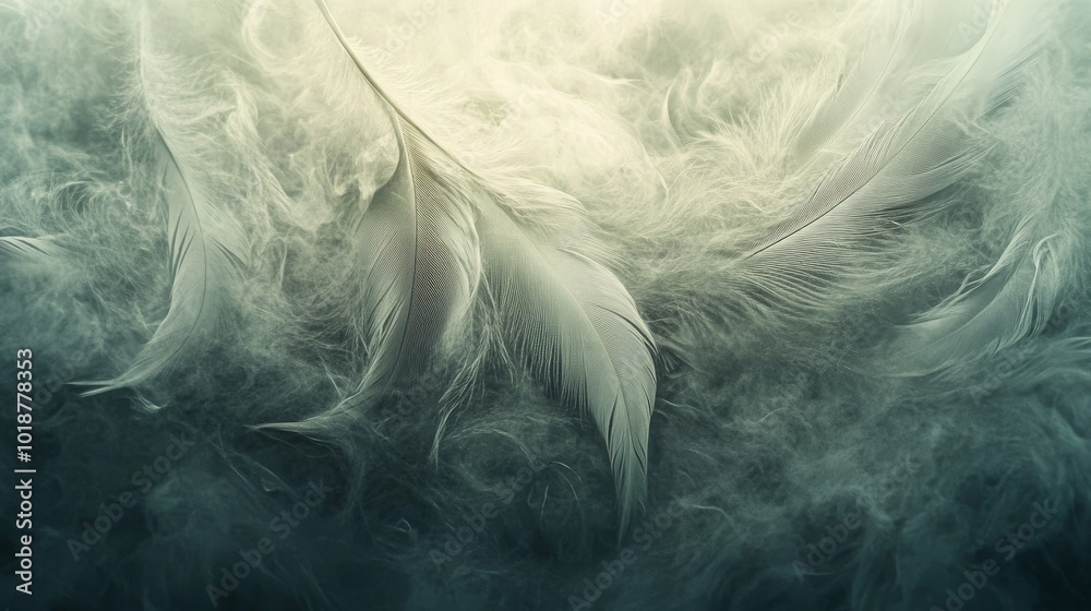 White Feathers in a Foggy, Green-Toned Atmosphere White Feathers in a Foggy, Green-Toned Atmosphere