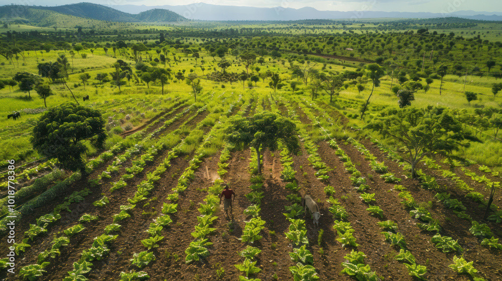 Farmers working on an agroforestry system where trees, crops, and livestock support each other, creating a sustainable agricultural environment Farmers working on an agroforestry system where trees, crops, and livestock support each other, creating a sustainable agricultural environment