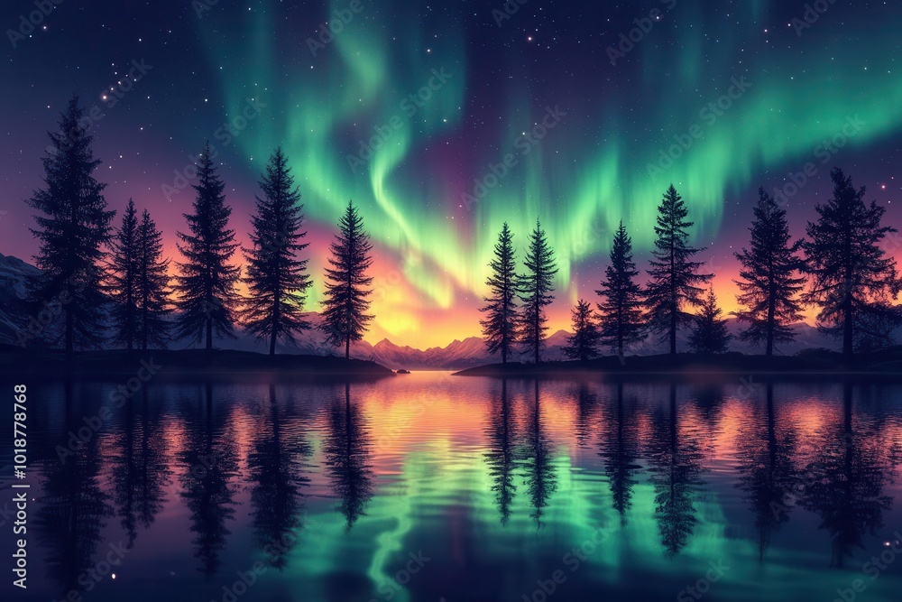 mesmerizing aurora borealis dancing across starry sky vibrant greens and purples reflected in still mountain lake silhouetted pine trees in foreground