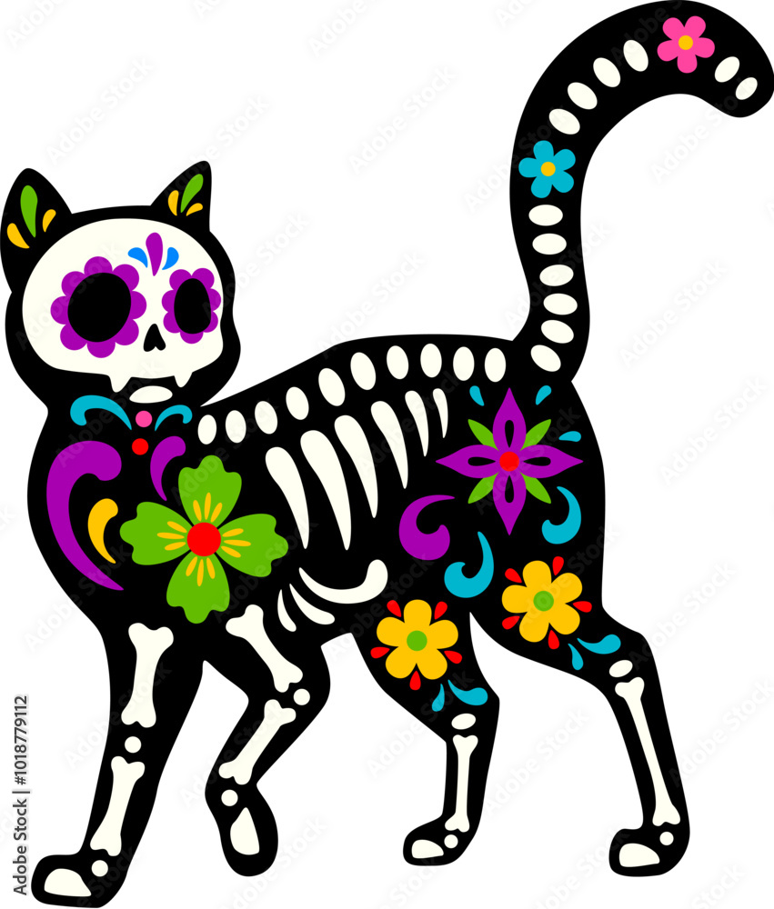Fototapeta premium Dead Halloween skeleton, Mexican day of the dead cat animal tattoo. Vector Dia de Los Muertos kitten sugar skull figure, featuring rich patterns and bones, celebrates memory of departed feline pets
