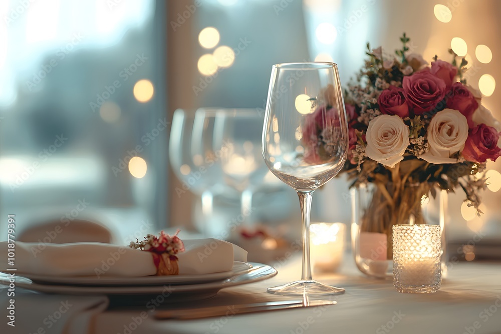 Romantic Table Setting with Wine Glass, Roses, and Candlelight Romantic Table Setting with Wine Glass, Roses, and Candlelight