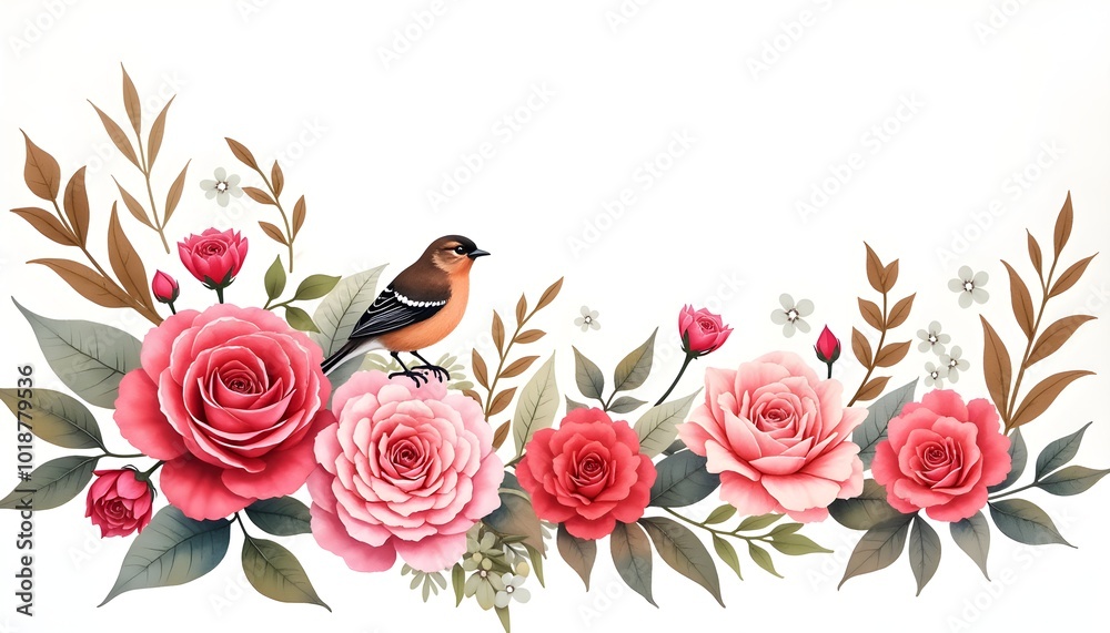 A high-definition watercolor scene featuring a close-up of blooming roses and peonies, with a delicate bird perched amidst the flowers. The composition includes intricate Paisley patterns subtly woven A high-definition watercolor scene featuring a close-up of blooming roses and peonies, with a delicate bird perched amidst the flowers. The composition includes intricate Paisley patterns subtly woven