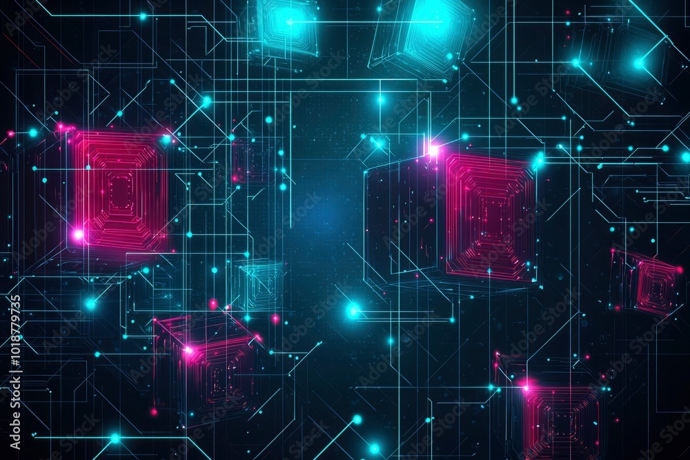 Abstract Digital Network with Glowing Cubes and Lines Abstract Digital Network with Glowing Cubes and Lines