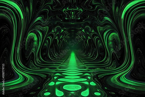 Abstract Green and Black Tunnel with Glowing Lines and Shapes photo