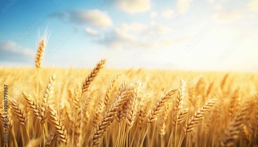 Fototapeta premium Golden Wheat Field at Sunset with Cloudy Sky