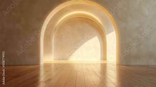 Sunlit Interior with Multiple Arched Openings and Wooden Floor