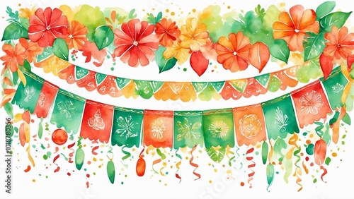 Bright Fiesta Decorations with Red, Green, and Orange Flowers and Paper Banners in Watercolor Style
