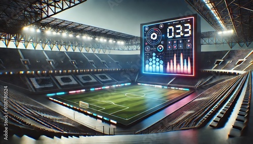 stadium scene with a sleek, futuristic scoreboard placed at one end photo