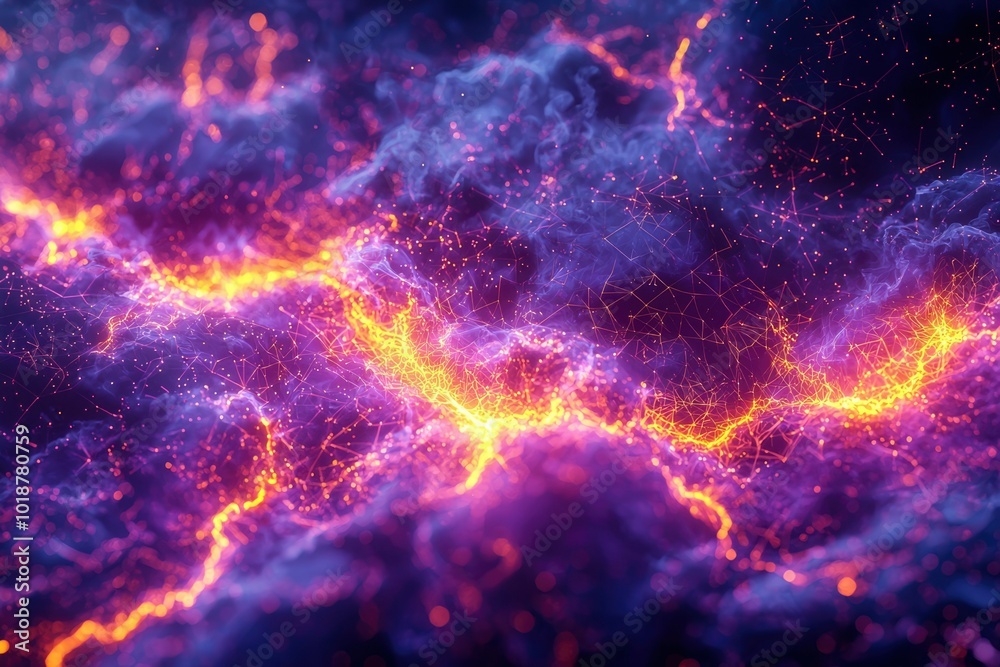 Naklejka premium Abstract Digital Landscape with Intertwined Glowing Lines and Purple Smoke