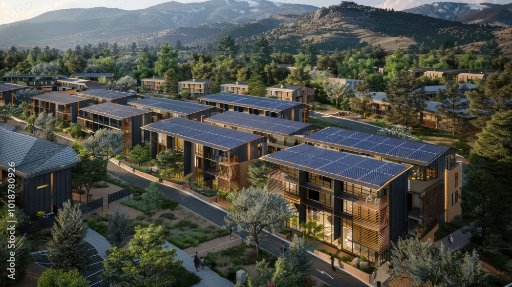 Fototapeta premium Net-zero buildings with solar panels, energy-efficient designs, and sustainable materials reducing the community's carbon footprint