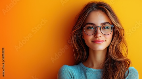 Young woman with glasses smiling against a vibrant yellow background, showcasing a confident and joyful expression