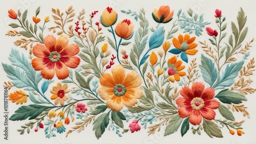 Floral Embroidery Pattern with Soft Earthy Tones, Handmade Textured Design