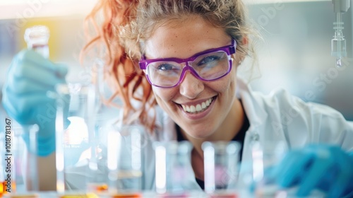 A smiling scientist in a lab coat wears protective glasses and gloves, happily working with colorful test tubes and flasks in a laboratory setting.