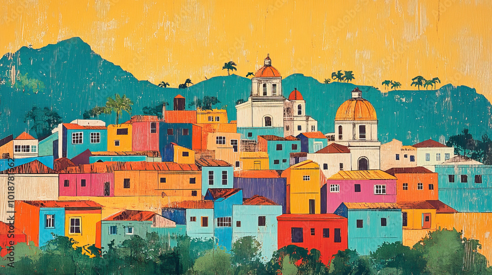 Obraz premium Tegucigalpa, Honduras, color wood block print effect. Woodblock printing. Graphic designed, illustration for travel poster, card, wallpaper, backdrop or banner. Modern, clear, artistic and simple