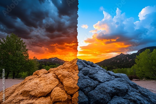 Realistic image of a sunrise and sunset happening at the same time over a landscape, symbolizing the dualism of beginnings and endings