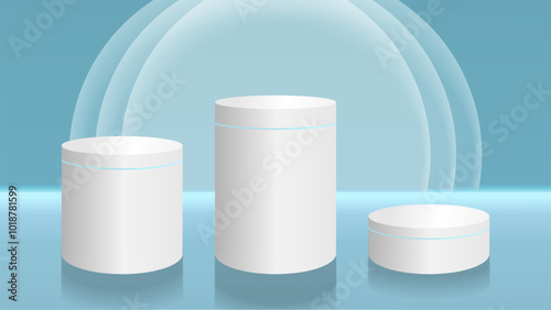 Realistic white cylinder pedestal podium with soft green room background. Wall scene mockup product display