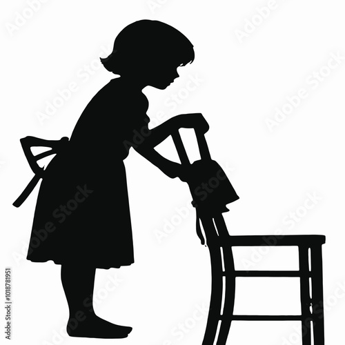 A young girl with short hair clinging on a chair, silhouetted against a plain background