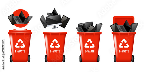 Recycling Bins for electronic waste. Container for electronic waste. Red trash can. Vector illustration isolated on white background.