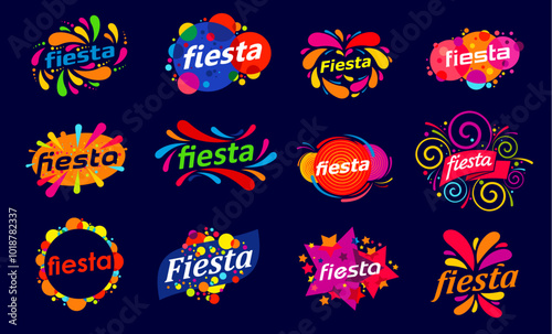 Fiesta holiday party icons, fun carnival event and bright fete symbols. Entertainment event vector signs with color ribbons, confetti and fireworks, stars and sparkles. Summer fest or fete icons