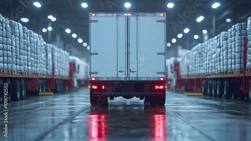 A delivery truck backs into a warehouse dock, surrounded by stacked cargo pallets. The shiny floor reflects the bright overhead lights. photo