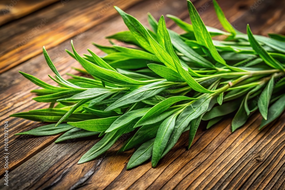 Fresh tarragon leaves arranged on a wooden surface, showcasing their vibrant green color and texture