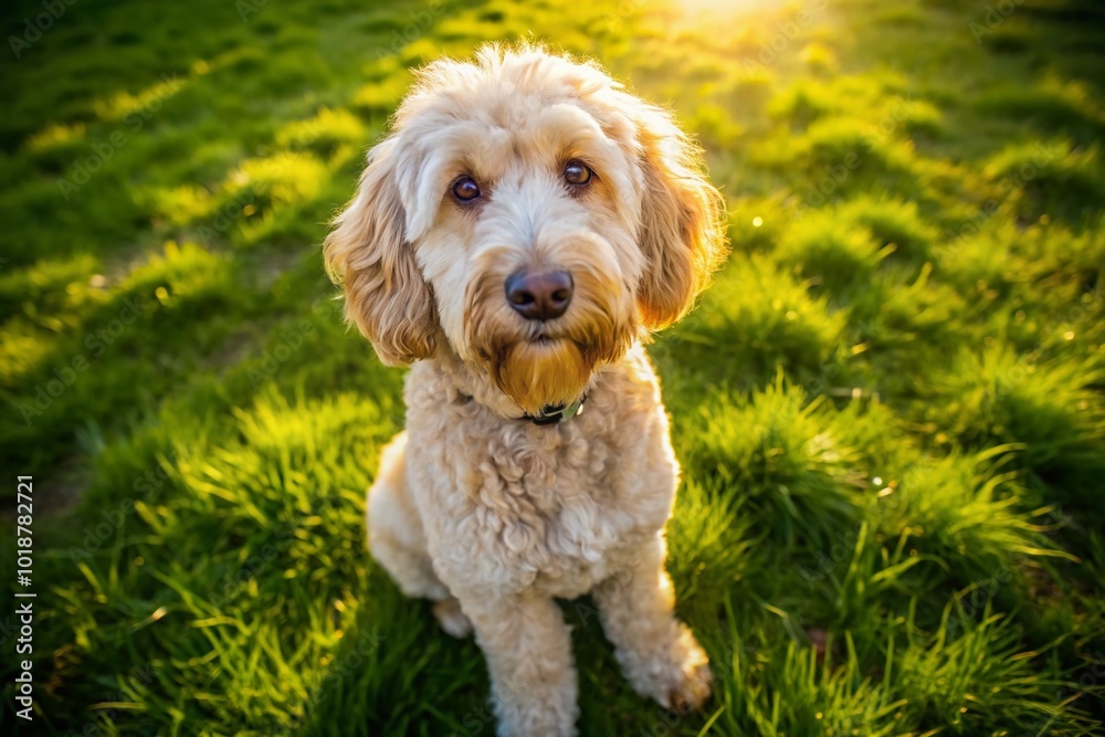 Friendly Labradoodle Dog with Golden Coat Sitting in a Sunny Park Surrounded by Green Grass Friendly Labradoodle Dog with Golden Coat Sitting in a Sunny Park Surrounded by Green Grass