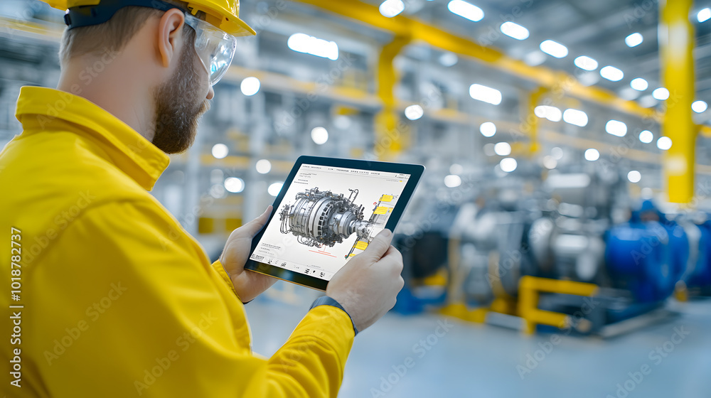 Fototapeta premium Factory Engineer Holding a Tablet Computer for Design | Streamlining Industrial Processes with Technology