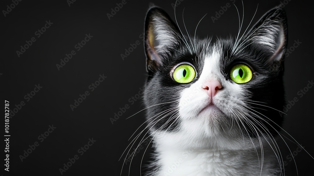 Surprised black and white ragamuffin cat with vivid green eyes. Adorable background image with plenty of copy space for your message. Close-up of domestic feline friend. Surprised black and white ragamuffin cat with vivid green eyes. Adorable background image with plenty of copy space for your message. Close-up of domestic feline friend.