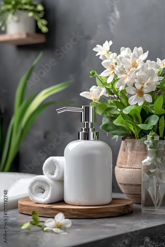 Elegant Soap Dispenser with Fresh Flowers and Towels