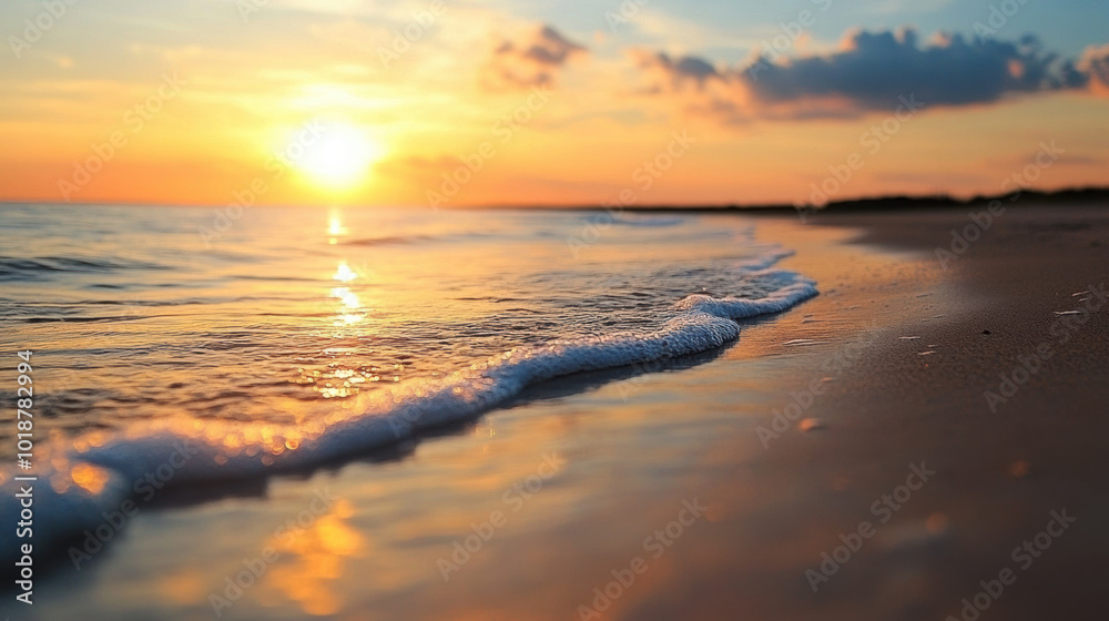Fototapeta premium serene beach at sunset with flowing waves and gentle ripples creates peaceful atmosphere. warm colors of sky reflect beautifully on waters surface, inviting tranquility