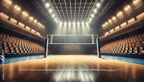 professional indoor volleyball court with a polished wooden floor, a net in the center, and stadium seating in the background