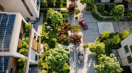 Suburban homes with solar panels, electric cars, and lush gardens, embodying an eco-friendly lifestyle with sustainability at its core photo