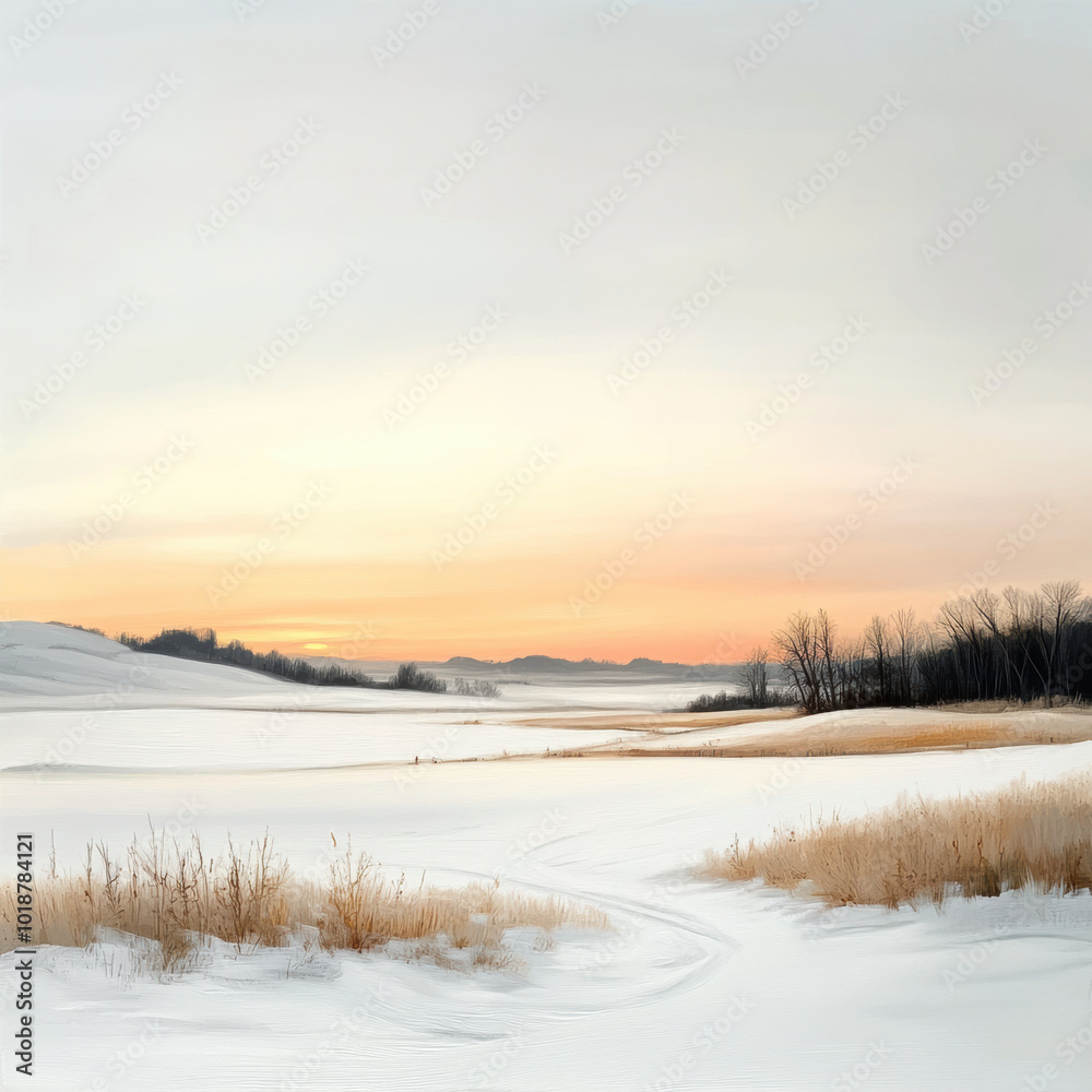 serene winter sunset over frozen fields, showcasing soft orange hues in sky. landscape features snow covered terrain and sparse trees, creating tranquil atmosphere serene winter sunset over frozen fields, showcasing soft orange hues in sky. landscape features snow covered terrain and sparse trees, creating tranquil atmosphere