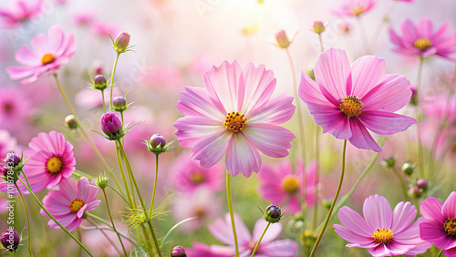 A lively garden filled with blooming pink cosmos flowers swaying gently in the breeze under the warm sun, creating a cheerful and colorful atmosphere