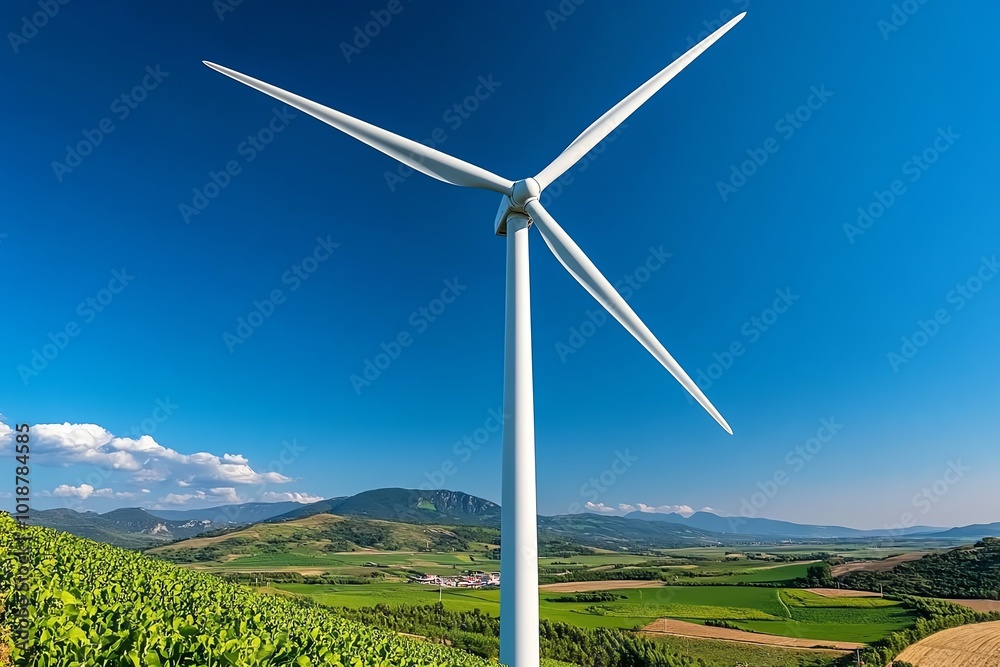Realistic image of a wind turbine in the middle of a rural landscape ...