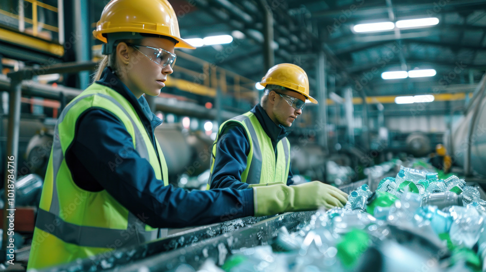 Workers at a manufacturing plant using green technologies and recycling processes to create a sustainable circular economy Workers at a manufacturing plant using green technologies and recycling processes to create a sustainable circular economy