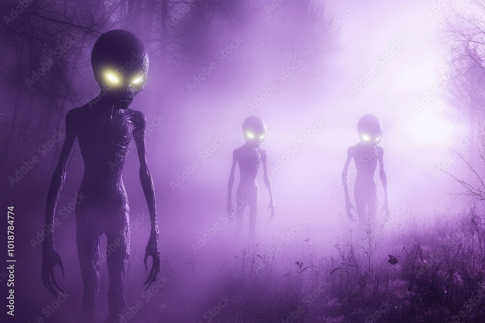 Three Grey Aliens with Glowing Eyes Emerging from a Purple Foggy Forest Three Grey Aliens with Glowing Eyes Emerging from a Purple Foggy Forest