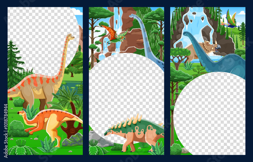 Flyer templates with prehistoric dinosaurs, jurassic forest and waterfall. Funny dino animals social media vector banners of cartoon brachiosaurus, centrosaurus, brontosaurus, titanosauria characters