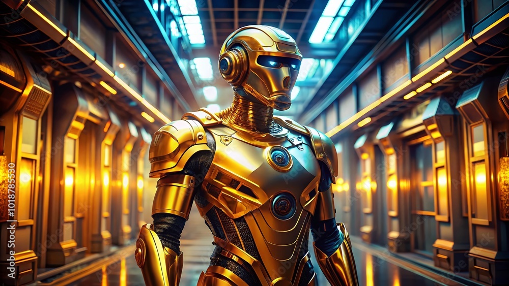 Futuristic gold robot standing in a modern technology environment with a sleek design and features Futuristic gold robot standing in a modern technology environment with a sleek design and features