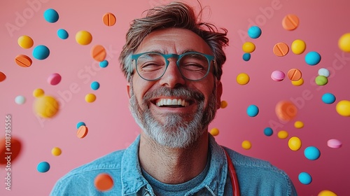 A joyful man in glasses surrounded by colorful candy against a vibrant pink background during a cheerful moment