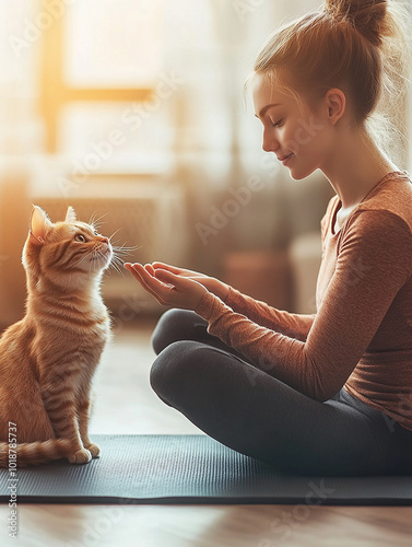 Woman Practicing Yoga at Home with Cat, Peaceful Indoor Yoga Session, Morning Stretch, Mindfulness and Fitness Routine, Cozy Home Yoga Space, Relaxing with Pets, Indoor Plants, Wellness and Serenity photo