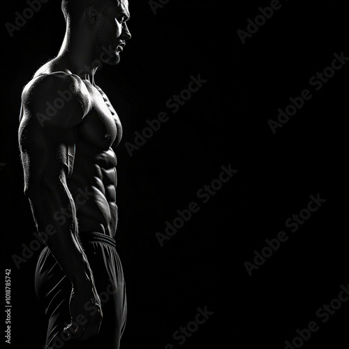 A muscular man strikes a dynamic pose against a dramatic backdrop, showcasing strength and athleticism in a powerful silhouette.