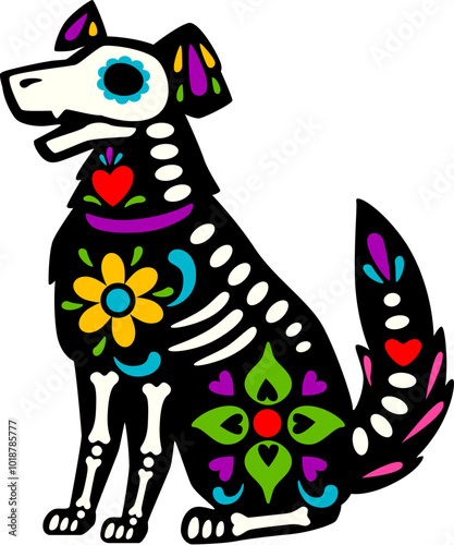 Dead Halloween skeleton, Mexican day of the dead dog animal tattoo, sugar skull pet. Isolated vector Dia de los muertos sitting puppy shape with red heart, vibrant floral motifs and bones pattern