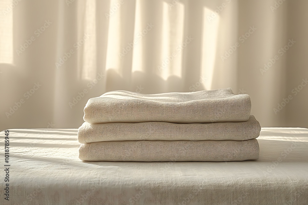 A stack of neatly folded white linen fabric on a table A stack of neatly folded white linen fabric on a table