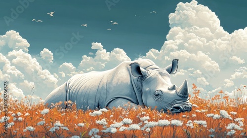 Rhino Resting in a Field of Flowers photo