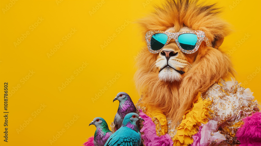 Naklejka premium Lion in a dazzling haute couture look with sunglasses and doves that radiate a touch of liveliness and good humor