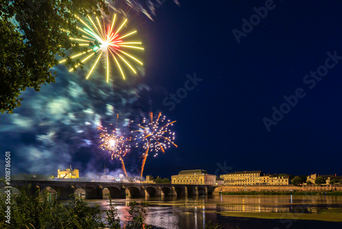 Fireworks on independence day quatorze juillet 14 July, Saumur, France