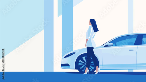 vector girl standing near car .Generative AI